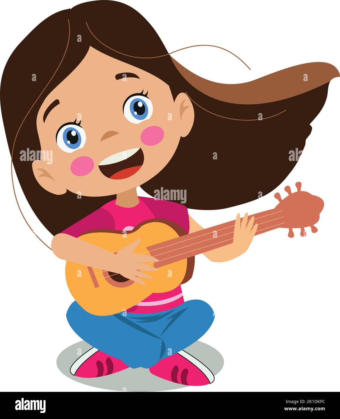 ragazza felice cute che suona la chitarra e cantando e che si diverte Illustrazione Vettoriale