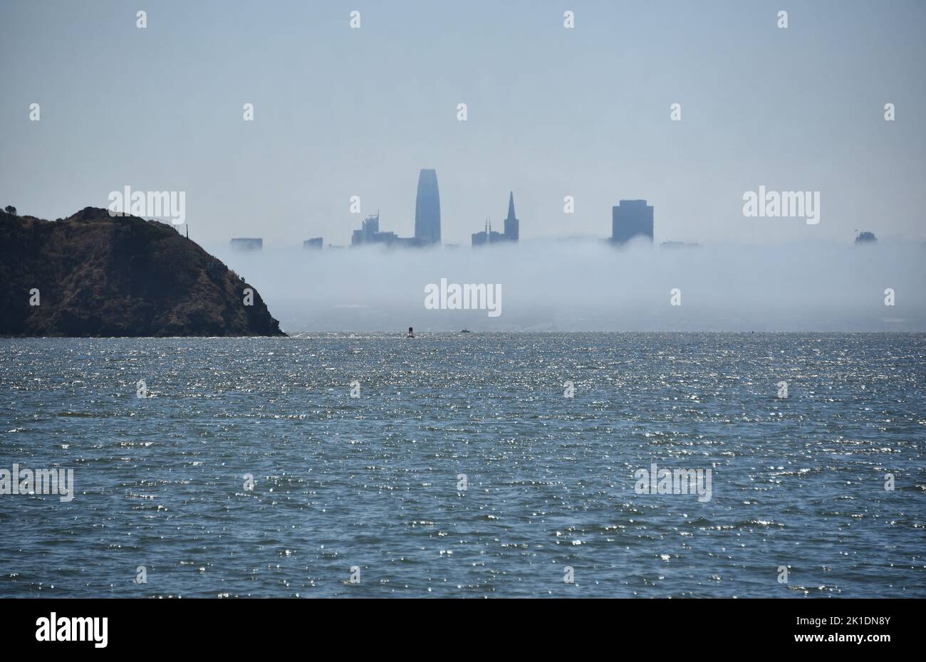 Panorama della città di San Francisco, California splendidamente coperta dalla nebbia. Ripresa dall'altra parte della baia, con Angel Island in primo piano. Foto Stock