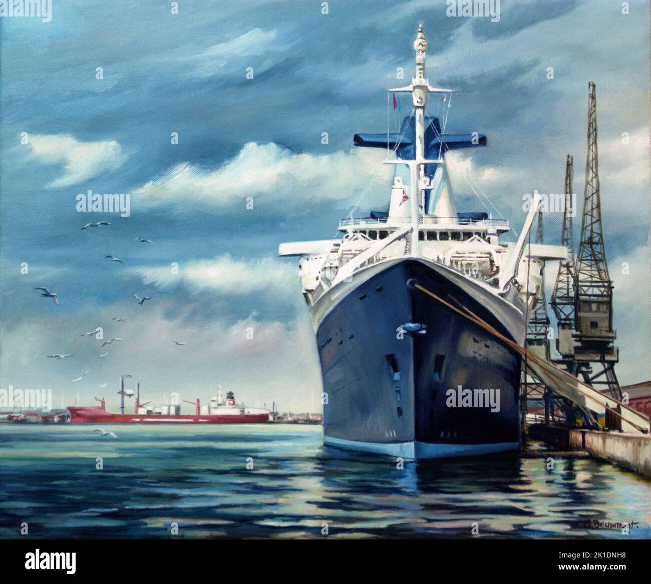 AJAXNETPHOTO. 2005. SOUTHAMPTON, INGHILTERRA. - EX-FRANCE - NORWEGIAN CRUISE LINES S.S. NORWAY (EX-FRENCH LINES S.S. FRANCE), ORMEGGIATE PRESSO I MOLI DI WESTERN ALL'ARRIVO DURANTE IL VIAGGIO DA NUBILE DOPO LA CONVERSIONE E RIFATE A NAVE DA CROCIERA.ILLUSTRAZIONE:ORIGINALE OPERA/OLIO SU TELA DI CAROLINE BEAUMONT FOTO:AJAX NEWS & FEATURE SERVICE RIF:D52207 0290 2 Foto Stock