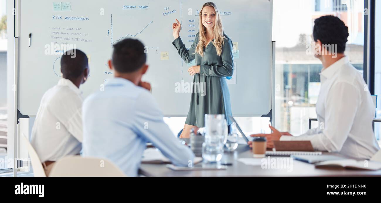 Presentazione, riunione aziendale o marketing sulla revisione della gestione della crescita finanziaria in azienda. Persone d'affari, conferenze o feedback grafico su Foto Stock