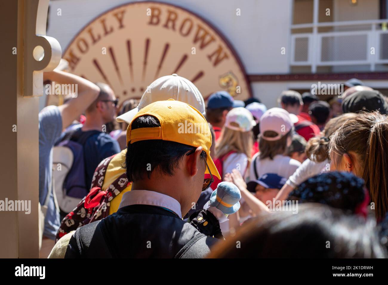 Un gruppo di turisti a Disneyland, Parigi in una giornata di sole Foto Stock