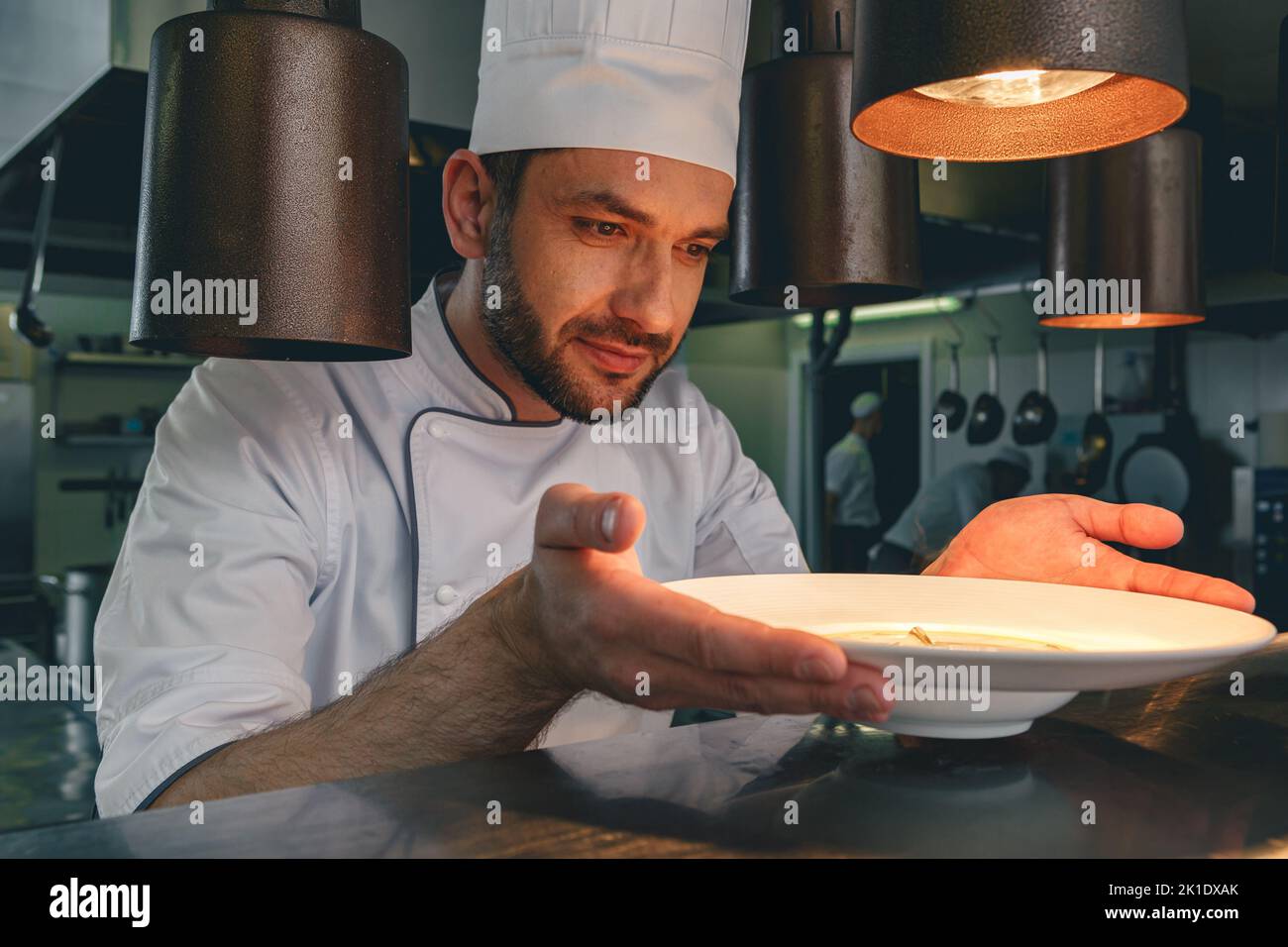 Lo chef professionista controlla il piatto appena prima di servirlo al cliente nel ristorante Foto Stock