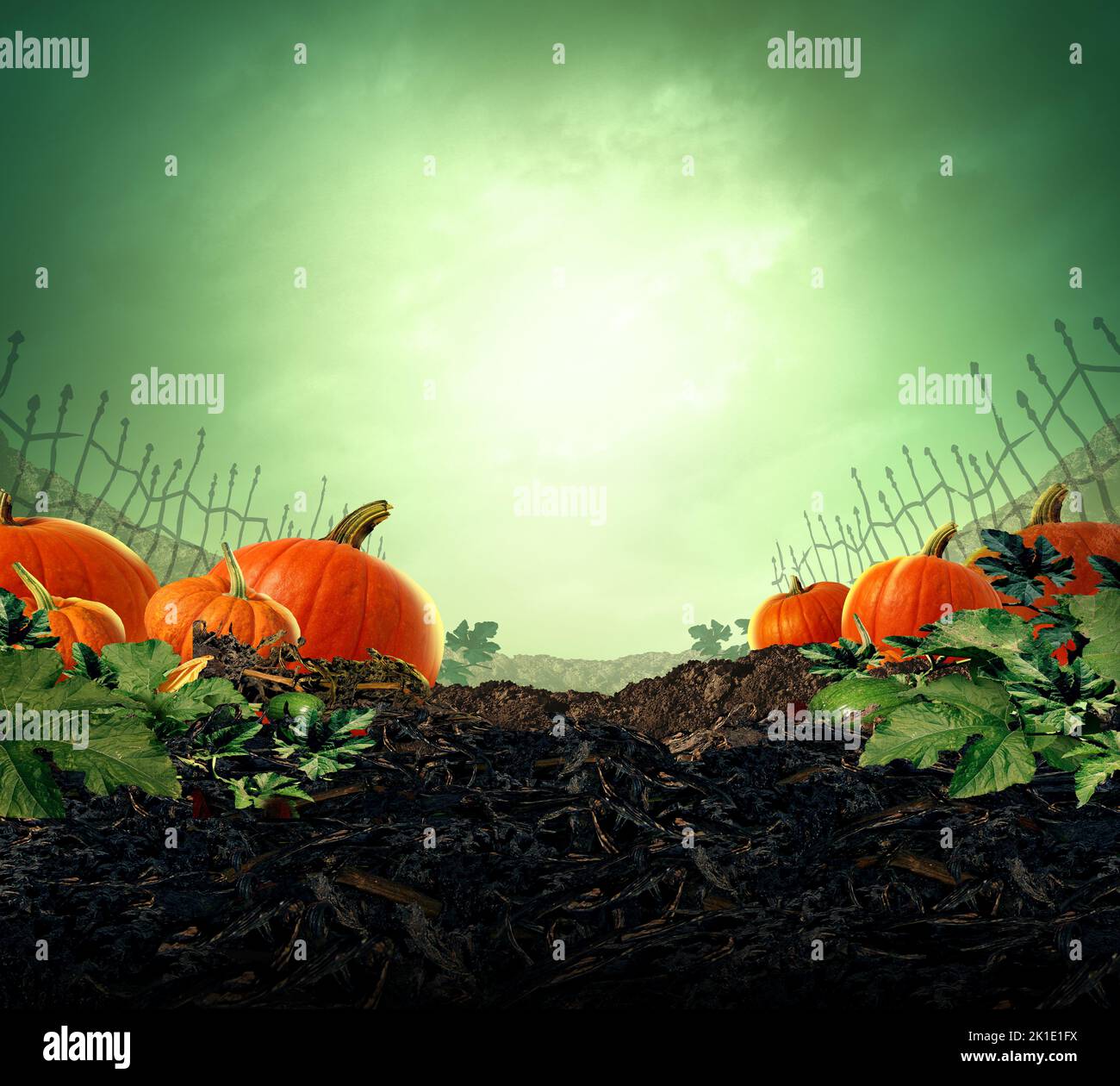 Poster della notte del mostro di Halloween e sfondo della festa d'autunno con una spaventosa mano zombie con una luna gialla che risplana su un vecchio pezzetto di zucca cremosa e grunga. Foto Stock