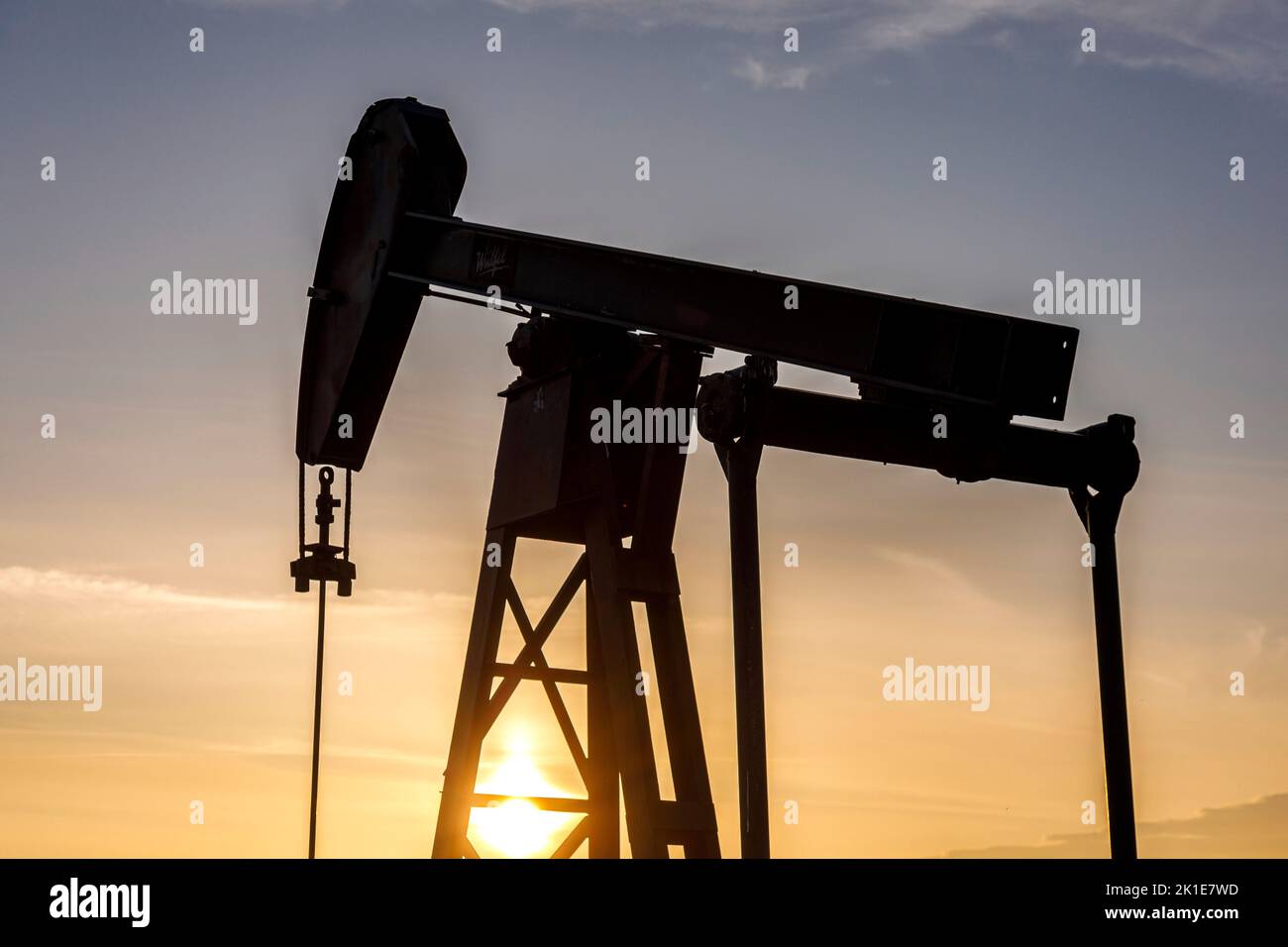 Pompa dell'olio storica, questa pompa a testa di cavallo a Lohe-Rickelshof (Germania settentrionale) come monumento industriale su un ex giacimento petrolifero Foto Stock