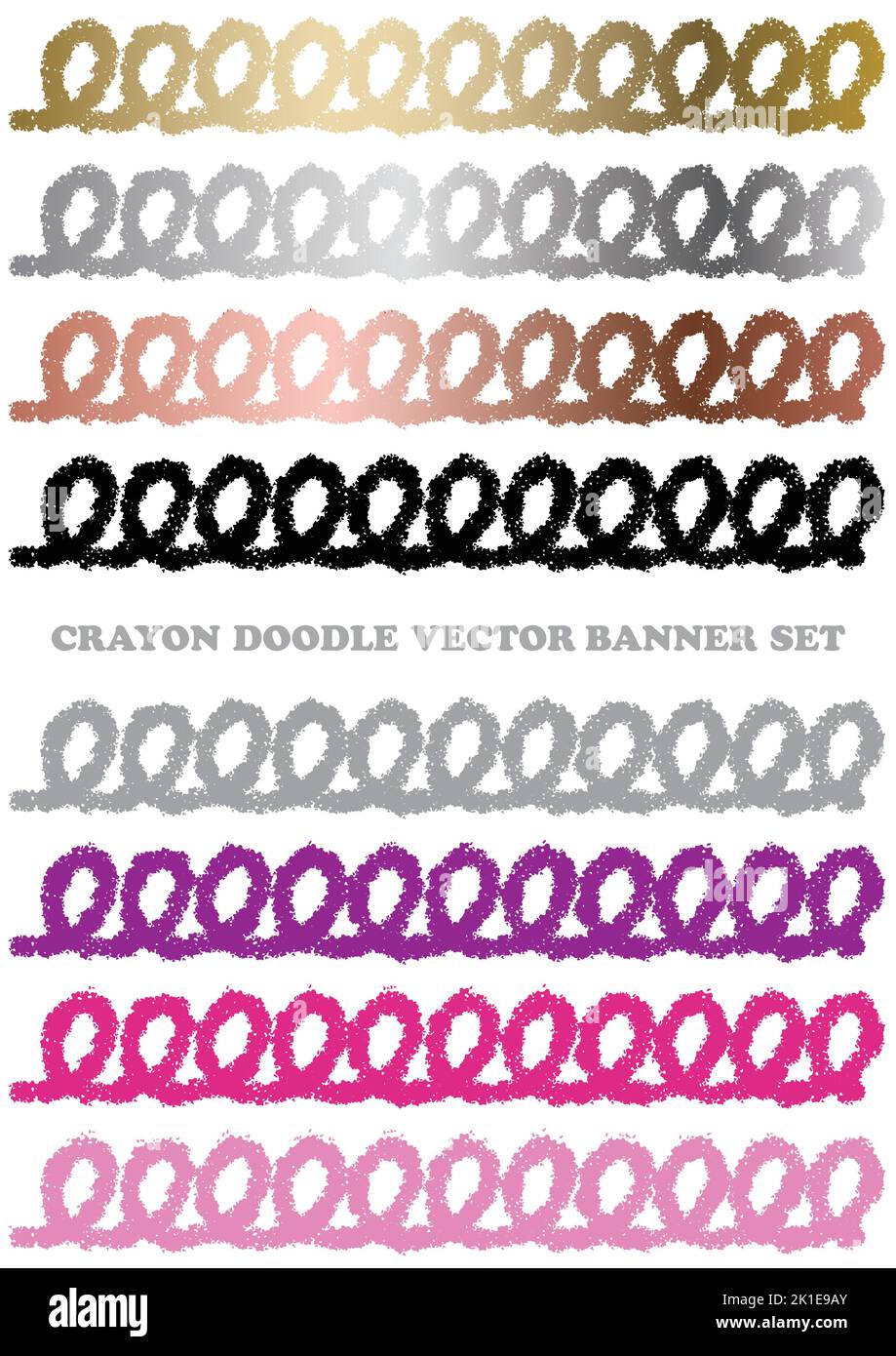 Set di colorati bordi di Crayon Doodle isolati su uno sfondo bianco. Illustrazione vettoriale. Illustrazione Vettoriale