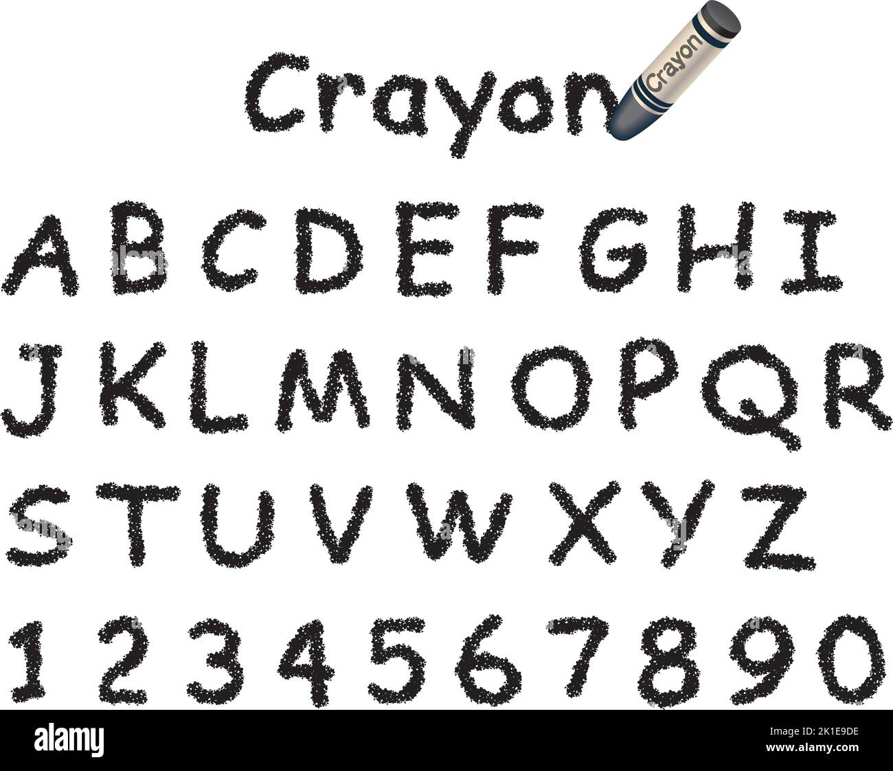Font Crayon nero vettoriale isolato su sfondo bianco. Maiuscole e numeri. Illustrazione Vettoriale