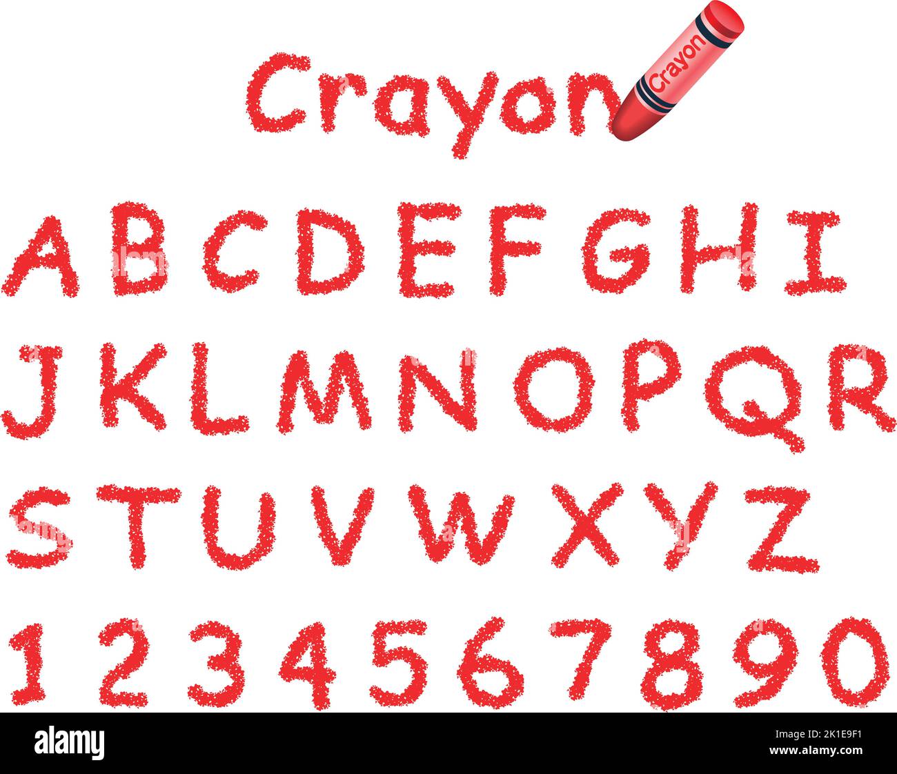 Font vettoriale Red Crayon isolato su sfondo bianco. Maiuscole e numeri. Illustrazione Vettoriale