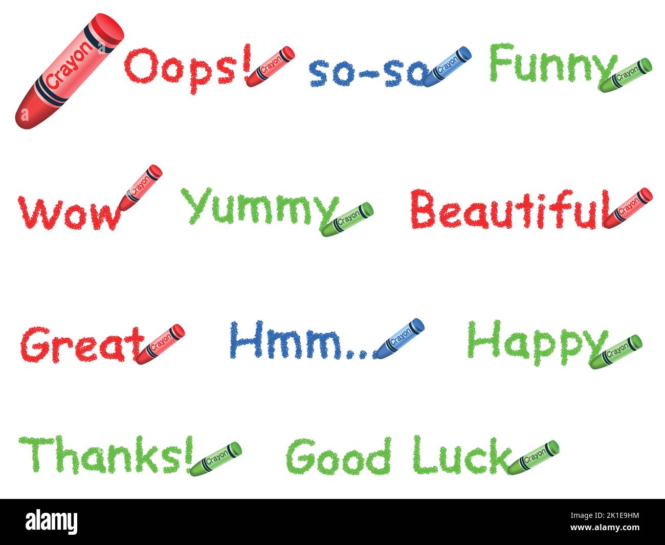 Insieme di parole scritte con colorati Crayons isolato su uno sfondo bianco. Illustrazione vettoriale. Illustrazione Vettoriale