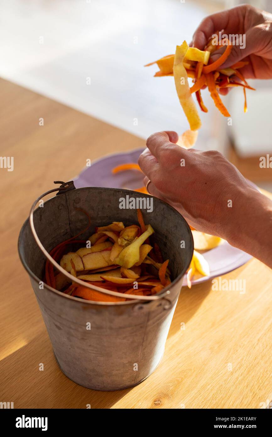 Mani maschili che smistano i pelamenti vegetali in bidone di latta. Uso di spreco di cibo, riducendo in concime organico, per arricchire la fertilità di suolo. Raccolta rifiuti a casa. Verticale Foto Stock