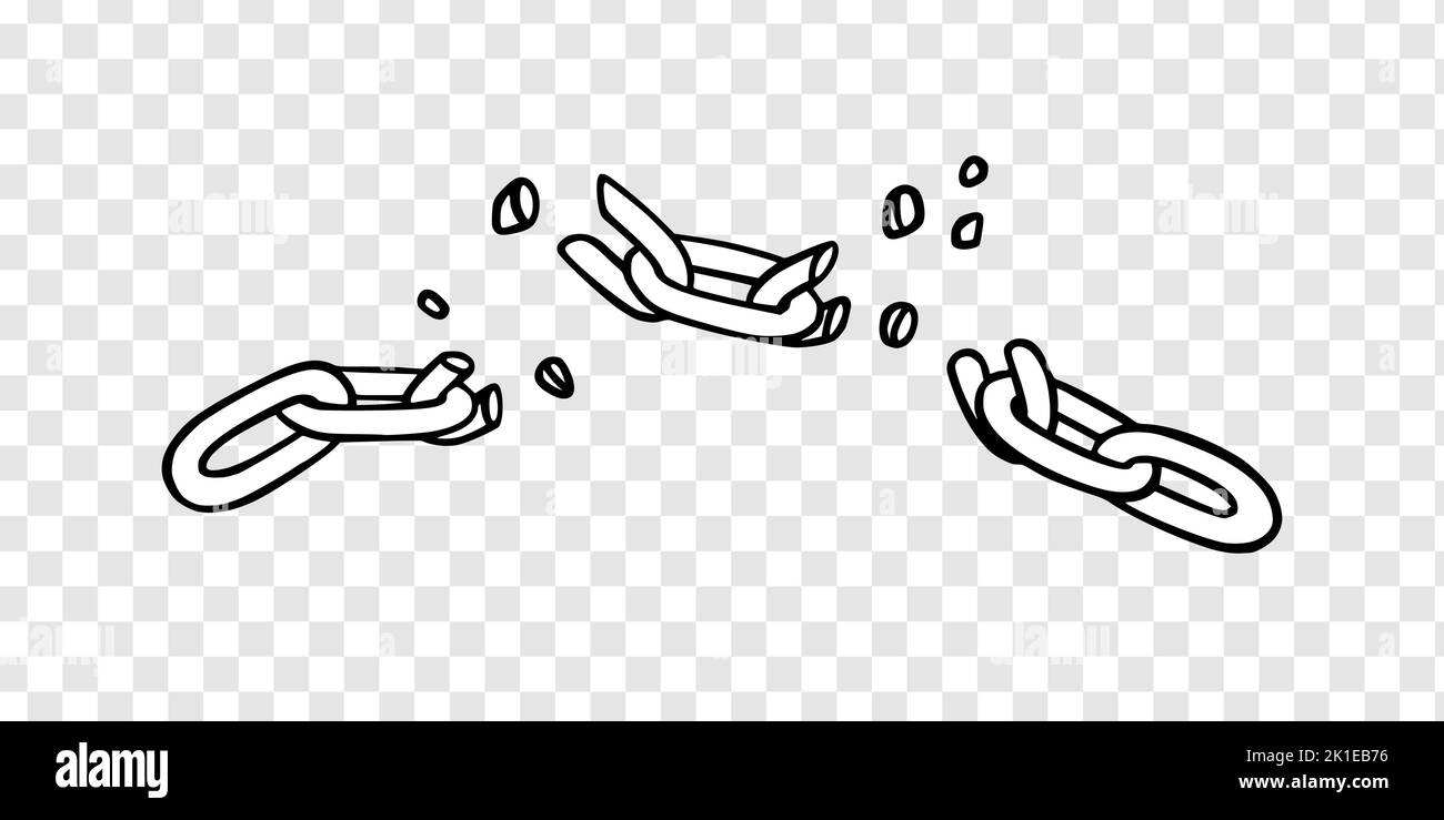 Catena spezzata con frantumazioni come simbolo di forza e libertà. Schizzo delle catene metalliche. Illustrazione vettoriale isolata su sfondo trasparente Illustrazione Vettoriale