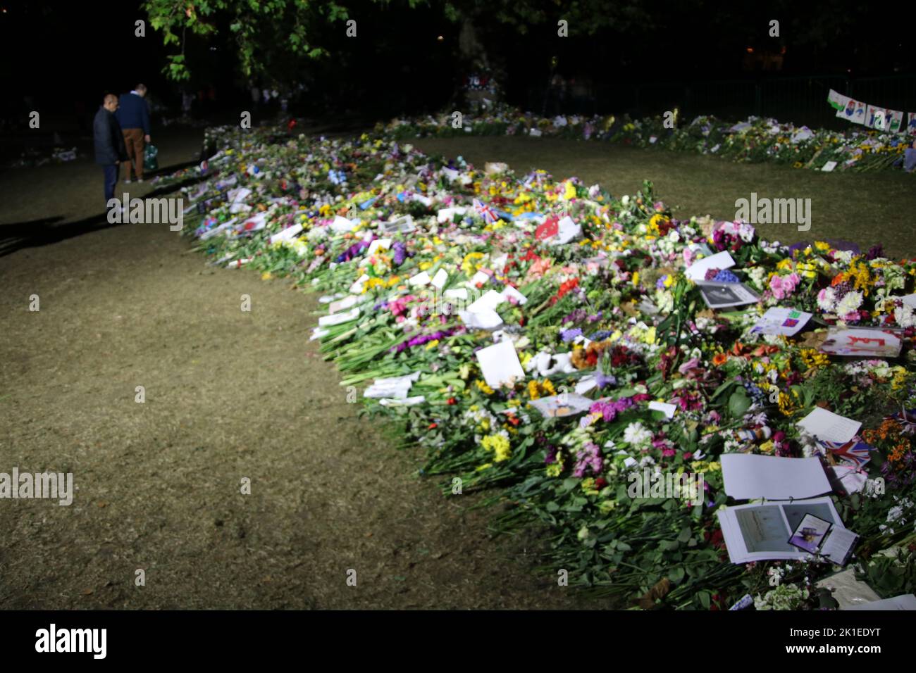 Green Park, Londra, Regno Unito. 17 Settembre 2022. Un mare di tributi floreali adornano i prati e gli alberi del Green Park del centro di Londra, come un pubblico grato e adorante paga i loro ultimi rispetti ad una grande e amata Regina. Credit: ©Julia Mineeva/EGBN TV News/Alamy Live News Foto Stock