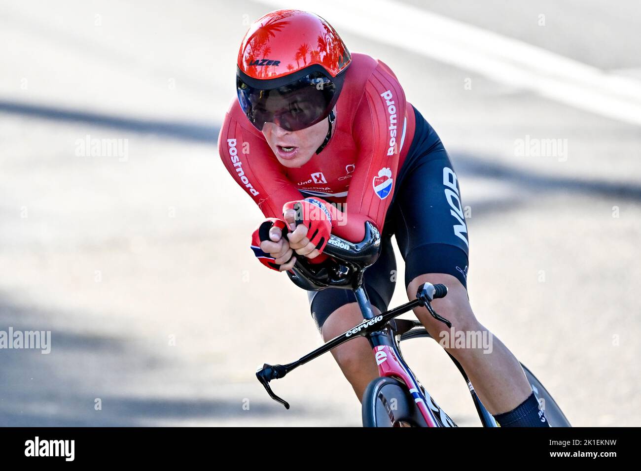 Wollongong, Australia. 18th Set, 2022. Il norvegese Tobias Foss ha mostrato in azione durante il singolo crono maschile al Campionato Mondiale UCI Road Cycling 2022, a Wollongong, Australia, domenica 18 settembre 2022. I Mondi si svolgono dal 18 al 25 settembre. FOTO DI BELGA DIRK WAEM Credit: Agenzia Notizie di Belga/Alamy Live News Foto Stock