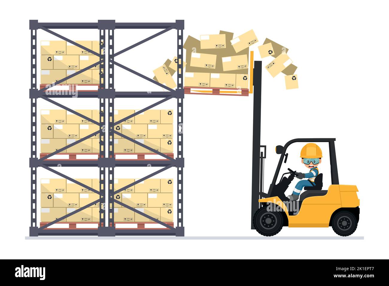 Incidente del carrello elevatore a forche. Il carrello elevatore a forche urta contro il rack del magazzino e cade le scatole dal pallet. Sicurezza di guida del carrello. La sicurezza prima di tutto. Illustrazione Vettoriale