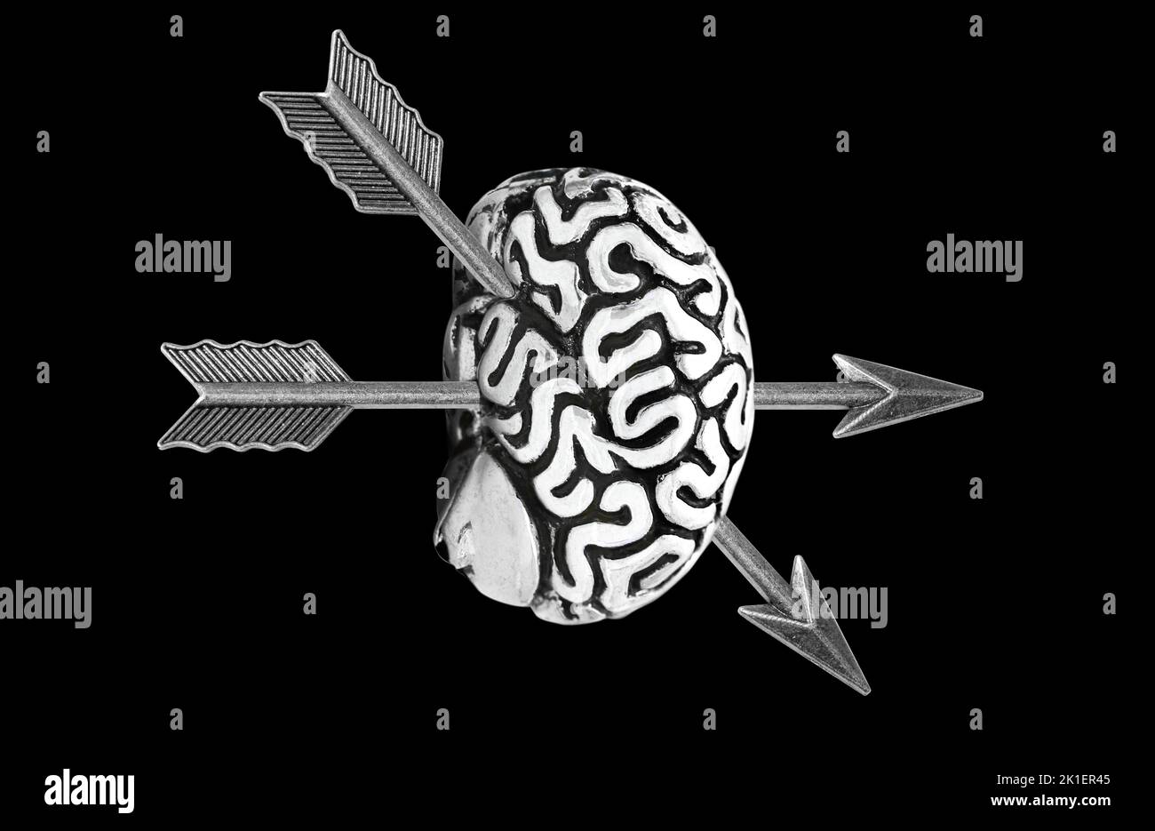 Copia anatomica di un cervello umano trafitto con due frecce ad arco isolate su sfondo nero. Foto Stock