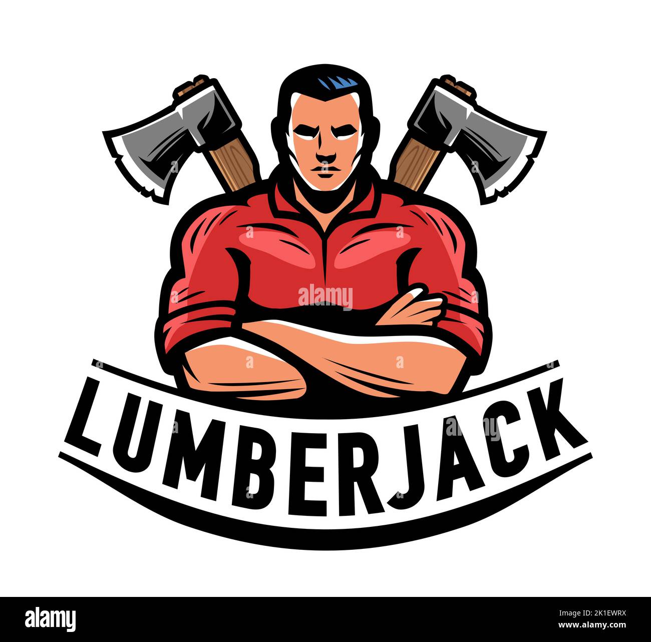 Lumberjack con stemma, logo o mascotte. Lavorazione del legno, etichetta dell'industria del legno. Illustrazione del vettore del disegno a colori Illustrazione Vettoriale
