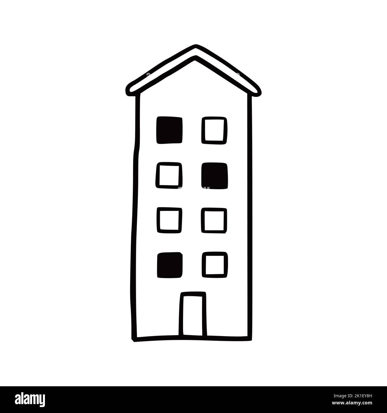 Doodle edificio. Inizio stile di schizzo disegnato a mano. Casa con finestra, tetto. Illustrazione vettoriale per l'icona della costruzione. Illustrazione Vettoriale