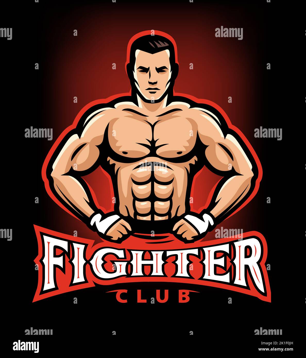 MMA Muscular fighter con guanti da boxe. Logo Fight club. Illustrazione vettoriale di emblema di arti marziali miste Illustrazione Vettoriale