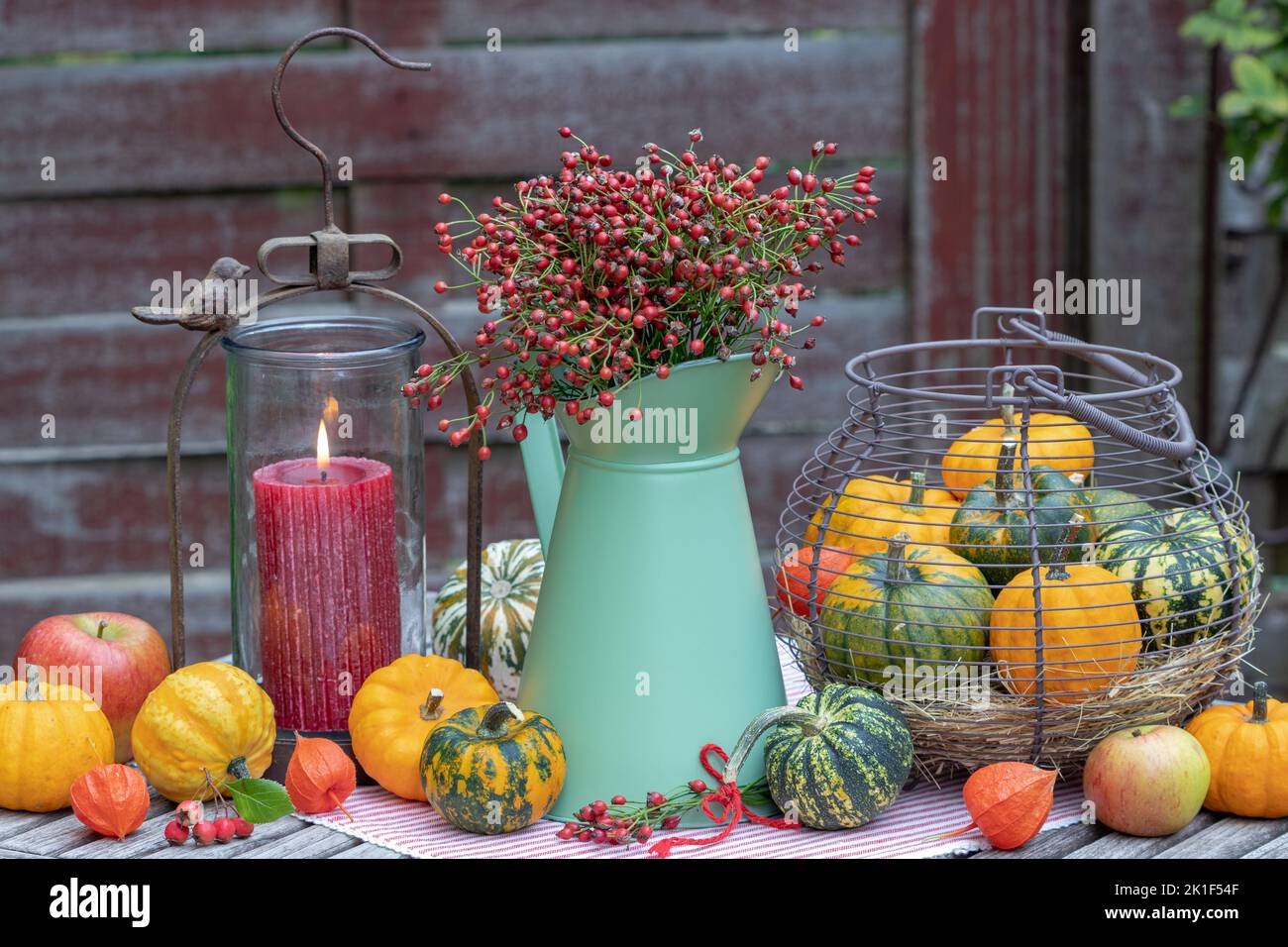 sistemazione autunnale con bouquet di rose, zucche e lanterna Foto Stock