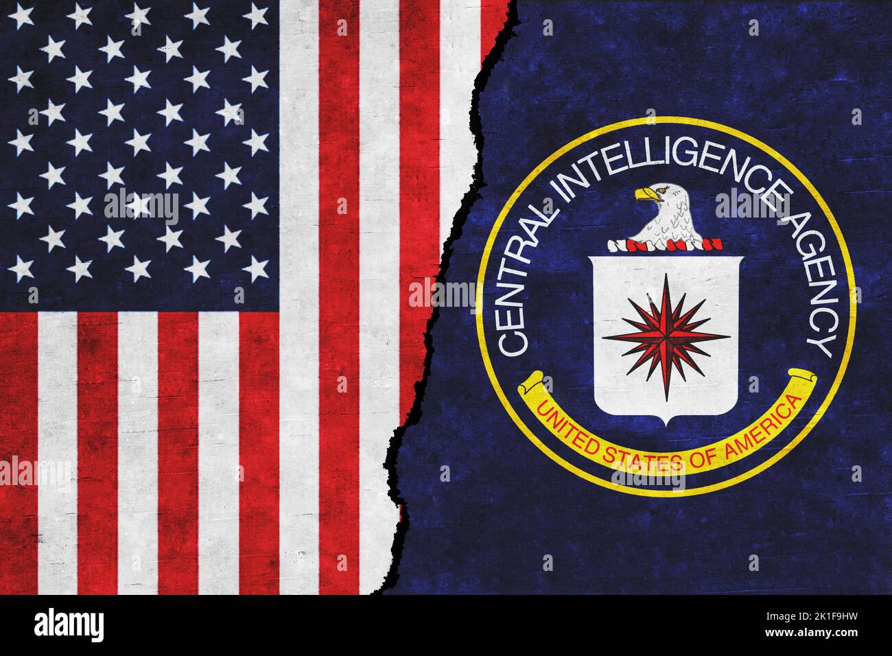 Bandiera degli Stati Uniti e della Central Intelligence Agency (CIA) insieme. Relazioni tra Stati Uniti e CIA. Foto Stock