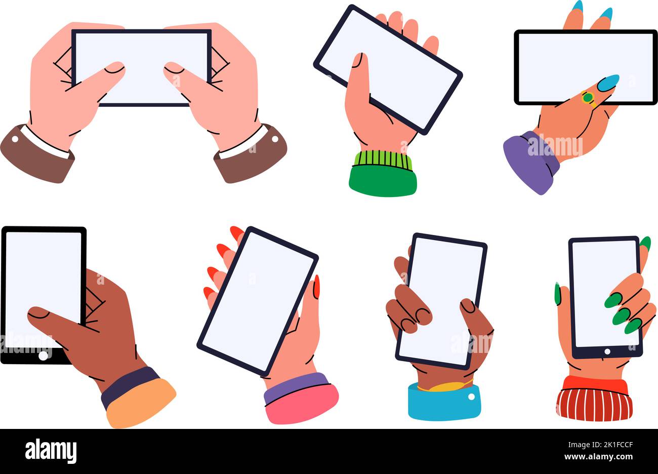 Donne e uomini che tengono in mano smartphone con schermo bianco. Smartphone con schermo vuoto. Toccare con le mani e scorrere le schermate dello smartphone. Illustrazione Vettoriale