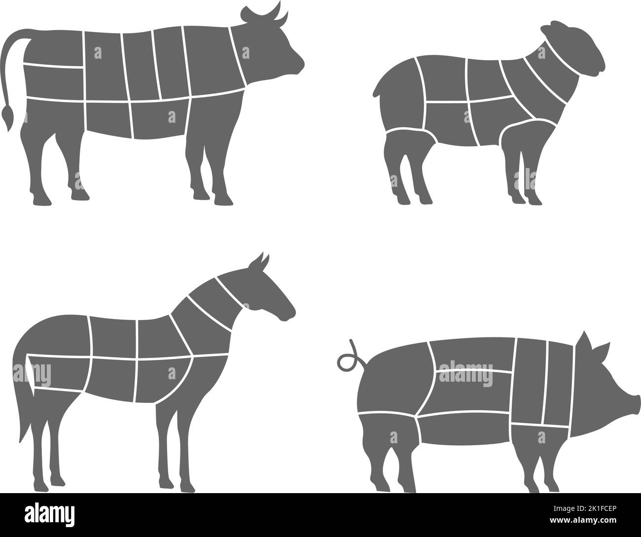 Tagli al regime degli animali da allevamento. Maiale, Cavallo, pecora, mucca tagli di carni. Illustrazione del diagramma di taglio della carne isolata su sfondo bianco. Illustrazione Vettoriale