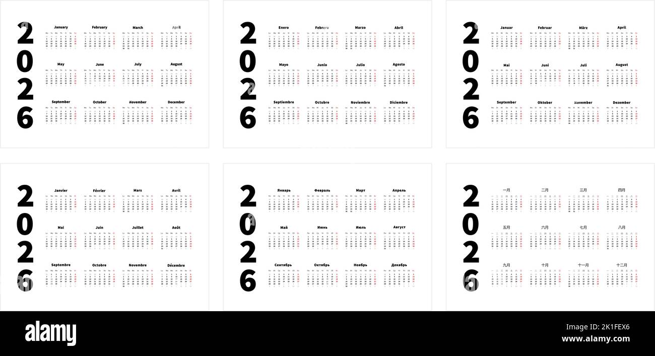 Set di 2026 anni semplici calendari orizzontali di dimensioni A4 in inglese, spagnolo, russo, francese, cinese e tedesco, calendario tipografico isolato Illustrazione Vettoriale