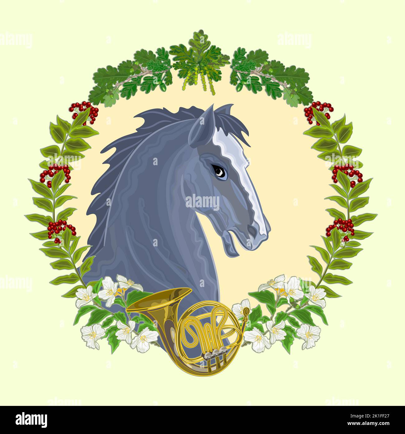 Black Horse testa di foglie di stallone e francese corno caccia tema vettore illustrazione Illustrazione Vettoriale