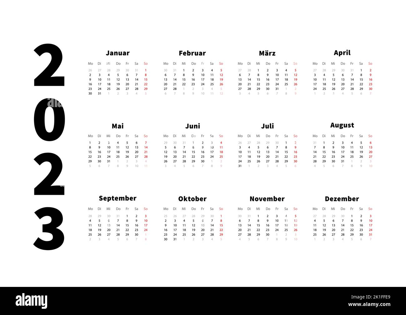 2023 anni semplice calendario orizzontale in lingua tedesca, calendario tipografico isolato su bianco Illustrazione Vettoriale