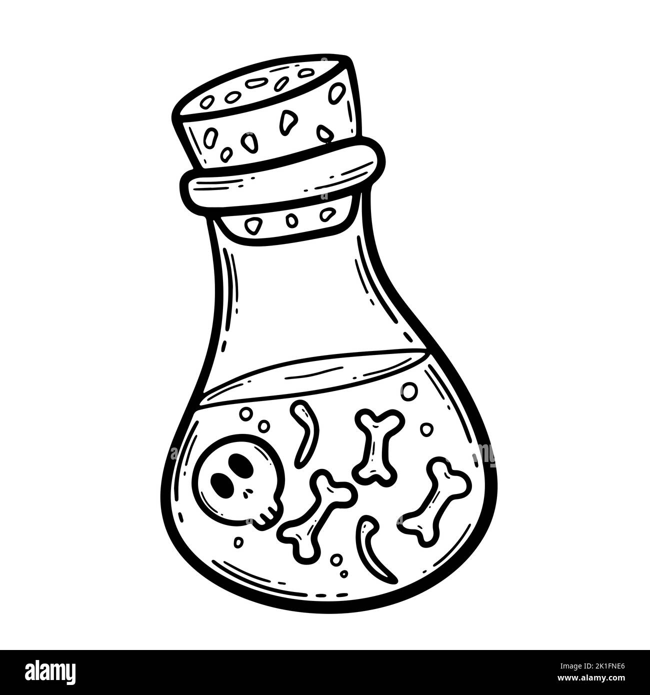 Disegno vettoriale a mano. Un cranio e le ossa in una fiasca con veleno. Decorazione di Halloween. Vasetto con veleno. Bottiglia di vetro Illustrazione Vettoriale