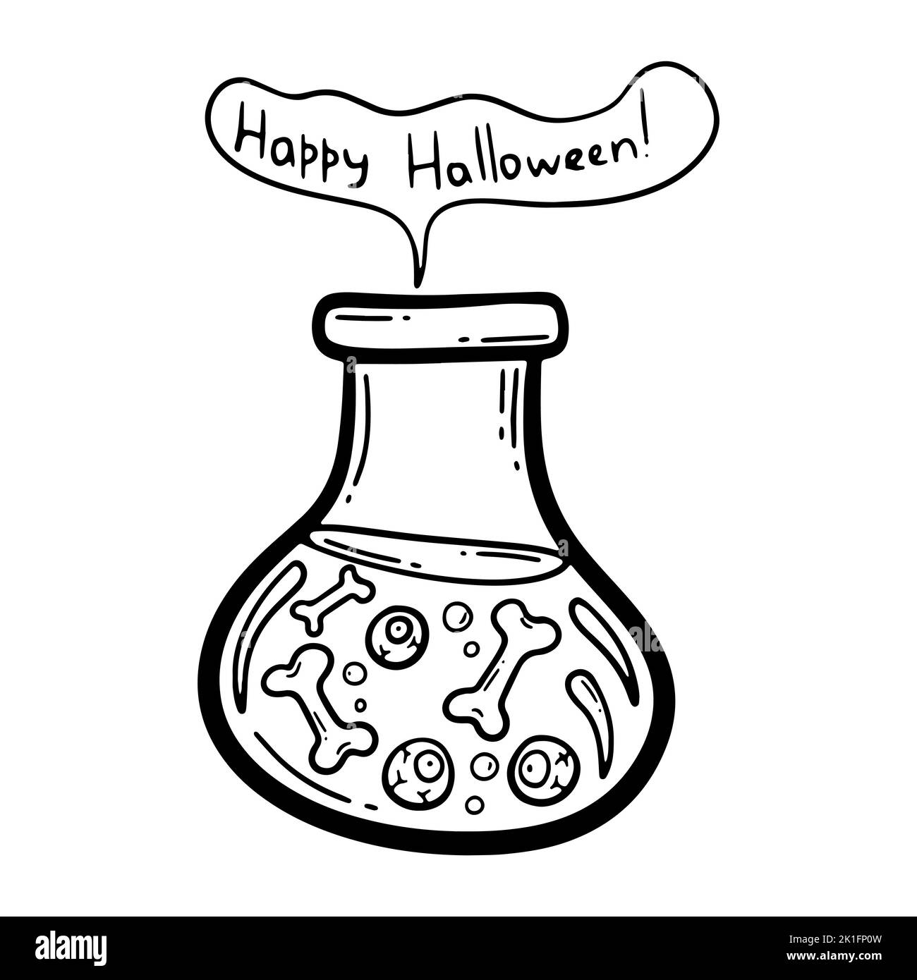 Disegno vettoriale a mano. Palline e ossa in una beuta con veleno. Decorazione di Halloween. Vasetto con veleno. Bottiglia di vetro Illustrazione Vettoriale