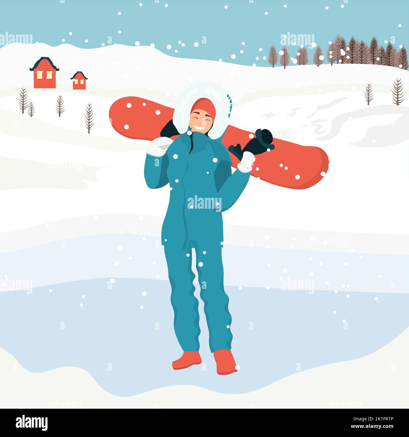 Una donna in abiti caldi tiene uno snowboard.Snowboard. Attività invernale. Sport invernali. Illustrazione Vettoriale