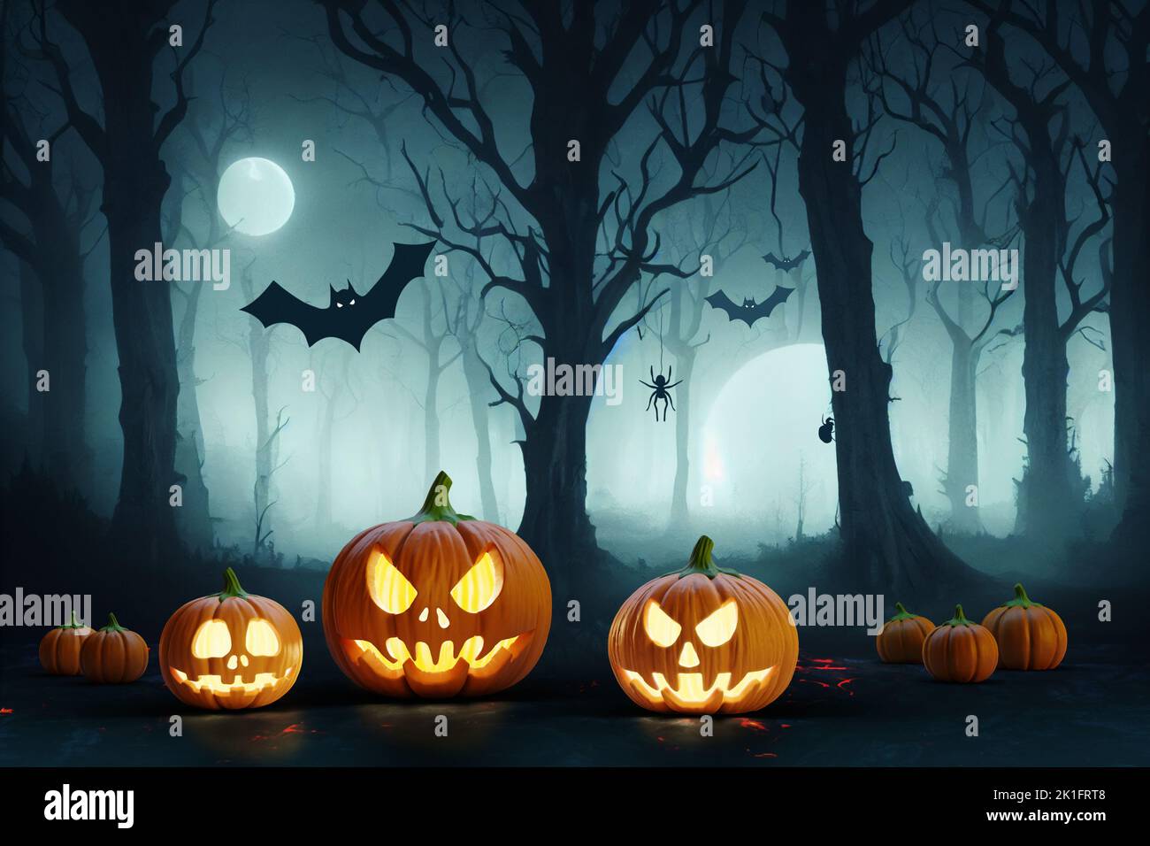 Scricchiolante jack di zucca o lanterne in una notte buia con una luna piena. Sfondo di Halloween. Foresta mistica creepy. Foto Stock