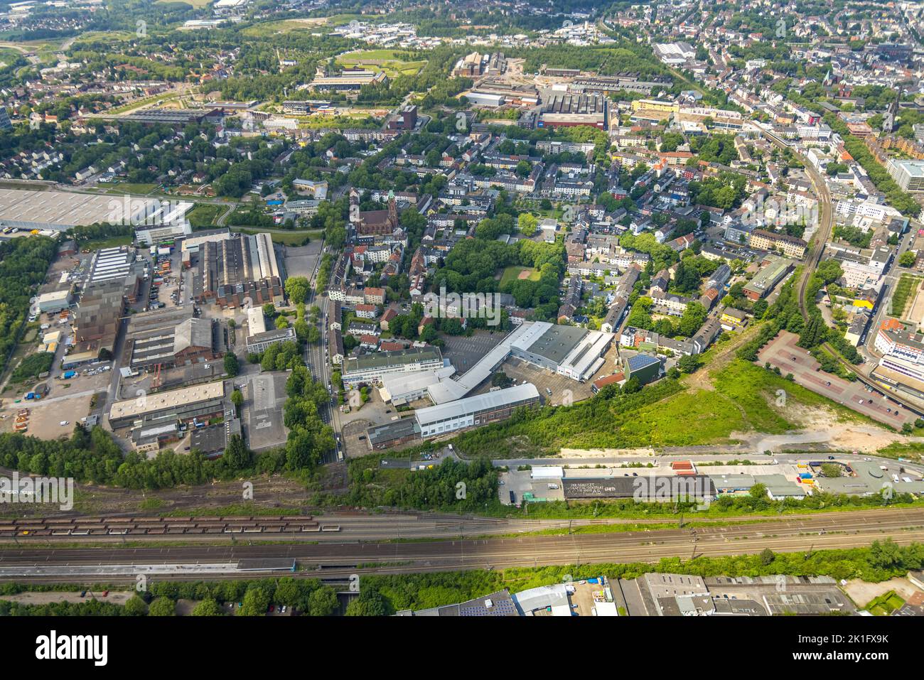 Veduta aerea, percorso previsto della pista ciclabile RS1 Ruhrschnellradweg, vista della città con Bessemer Straße, progetto terreno Bochum 2030-Missione, Kruppwerke, B Foto Stock