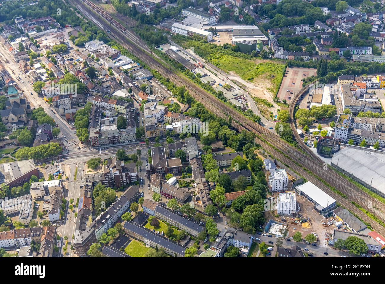 Vista aerea, percorso programmato pista ciclabile RS1 Ruhrschnellradweg, vista sito, progetto Bochum 2030-Mission, Kruppwerke, Bochum, Ruhr, Nord Reno Foto Stock