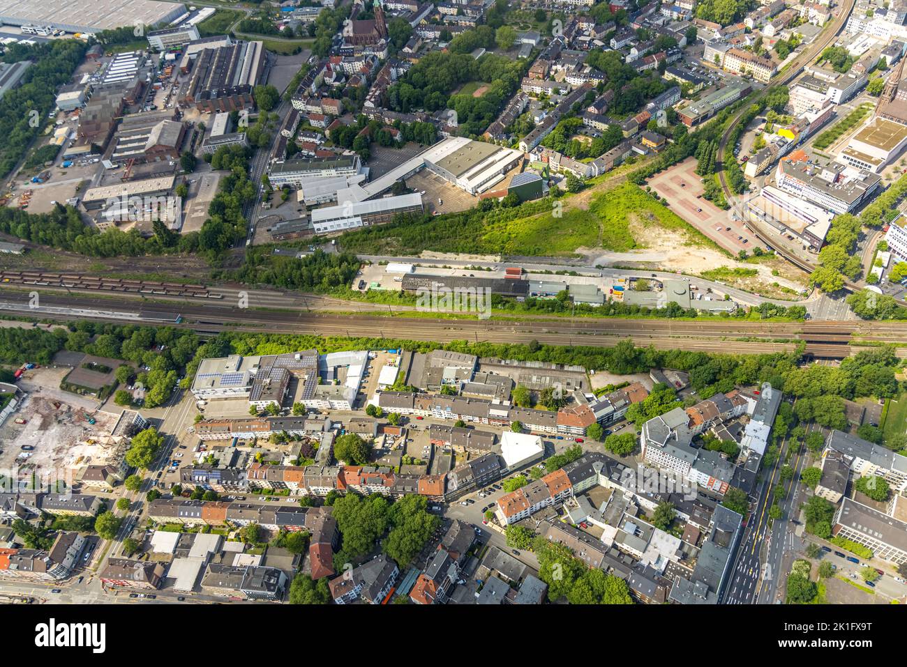 Veduta aerea, percorso previsto della pista ciclabile RS1 Ruhrschnellradweg, vista della città con Bessemer Straße, progetto terreno Bochum 2030-Missione, Kruppwerke, B Foto Stock