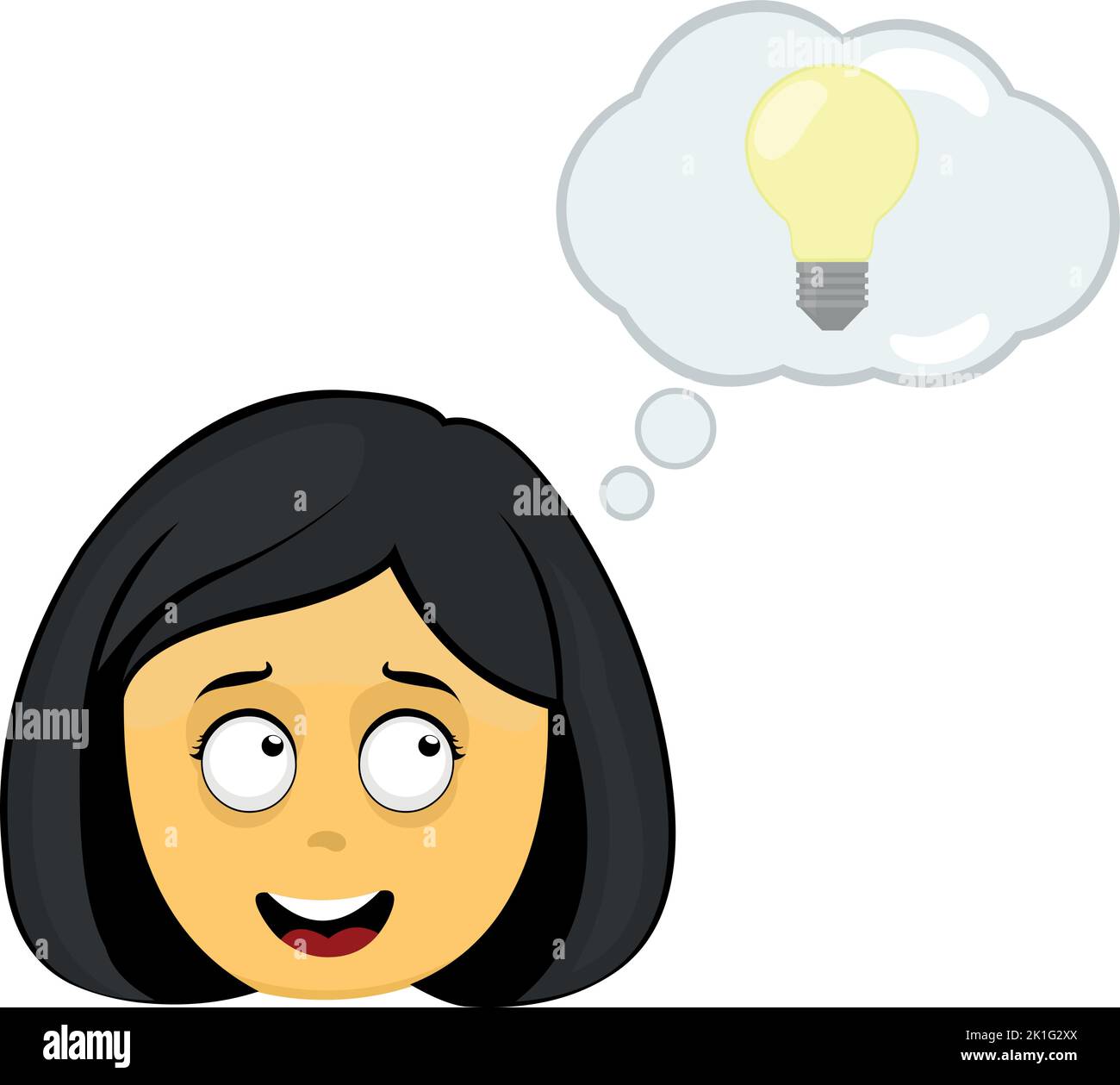 Vettore emoji illustrazione di una donna cartoon giallo, con una nuvola di pensiero con una lampadina, nel concetto di buona idea o creatività Illustrazione Vettoriale
