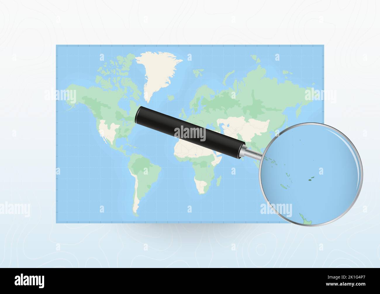 Mappa del mondo con una lente d'ingrandimento rivolta alle Fiji, cercando Fiji con loupe. Mappa vettoriale. Illustrazione Vettoriale