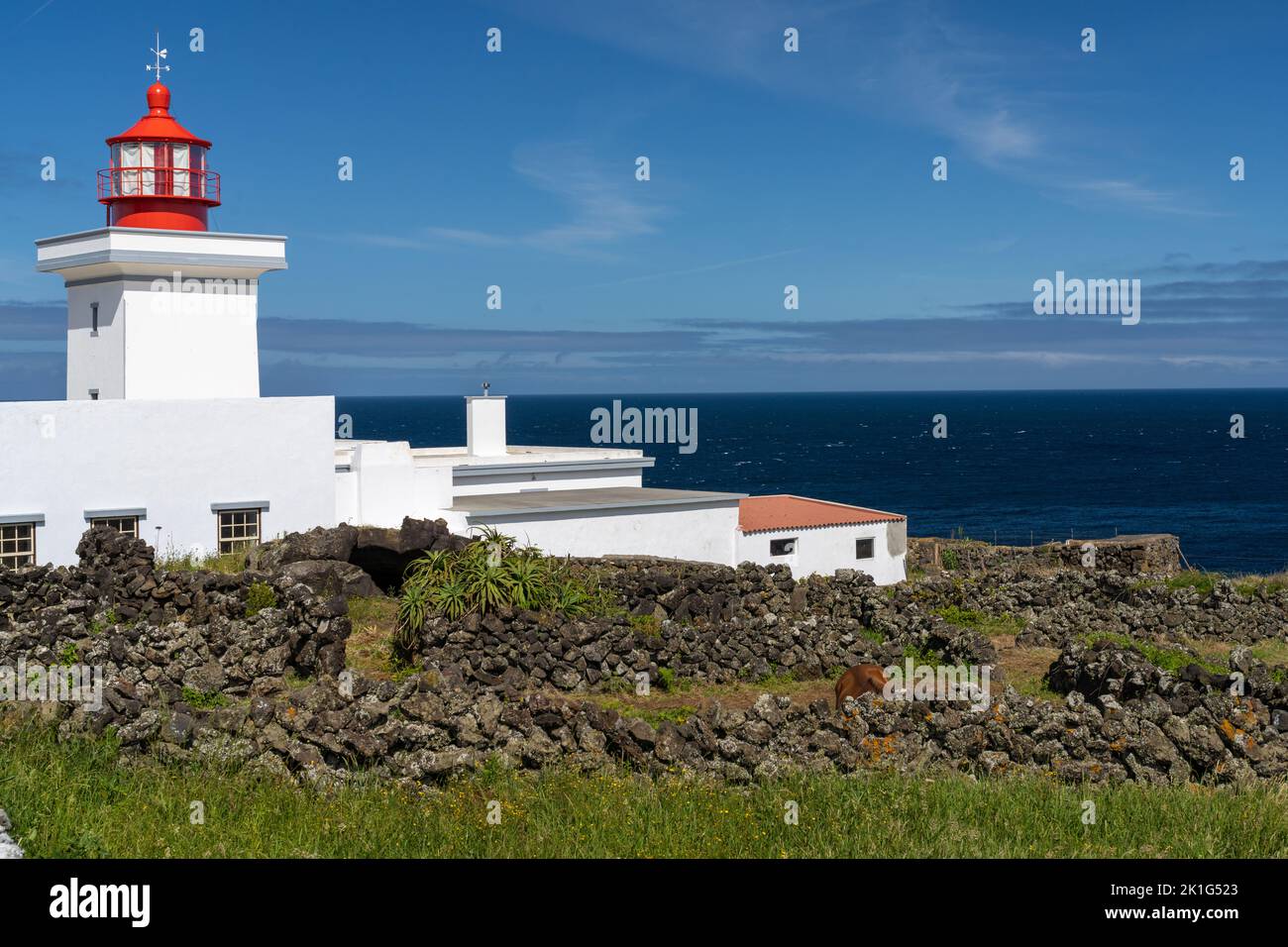 Il faro di Ponta das Contendas e un cavallo sull'isola di Terceira, Azzorre, Portogallo. Foto Stock