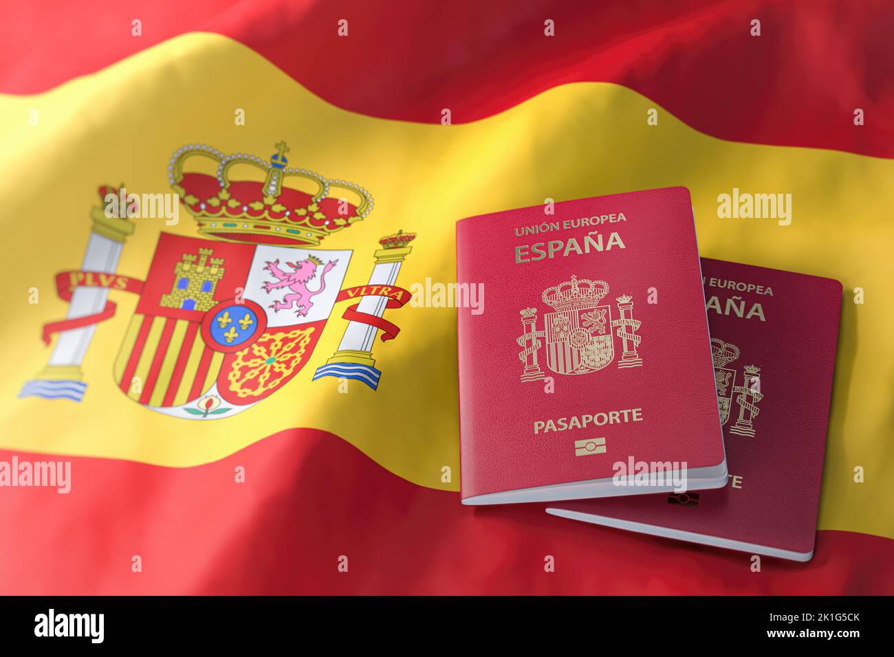 Passaporto della Spagna di bandiera spagnola. Concetto di cittadinanza, immigrazione, viaggi e turismo. illustrazione 3d Foto Stock