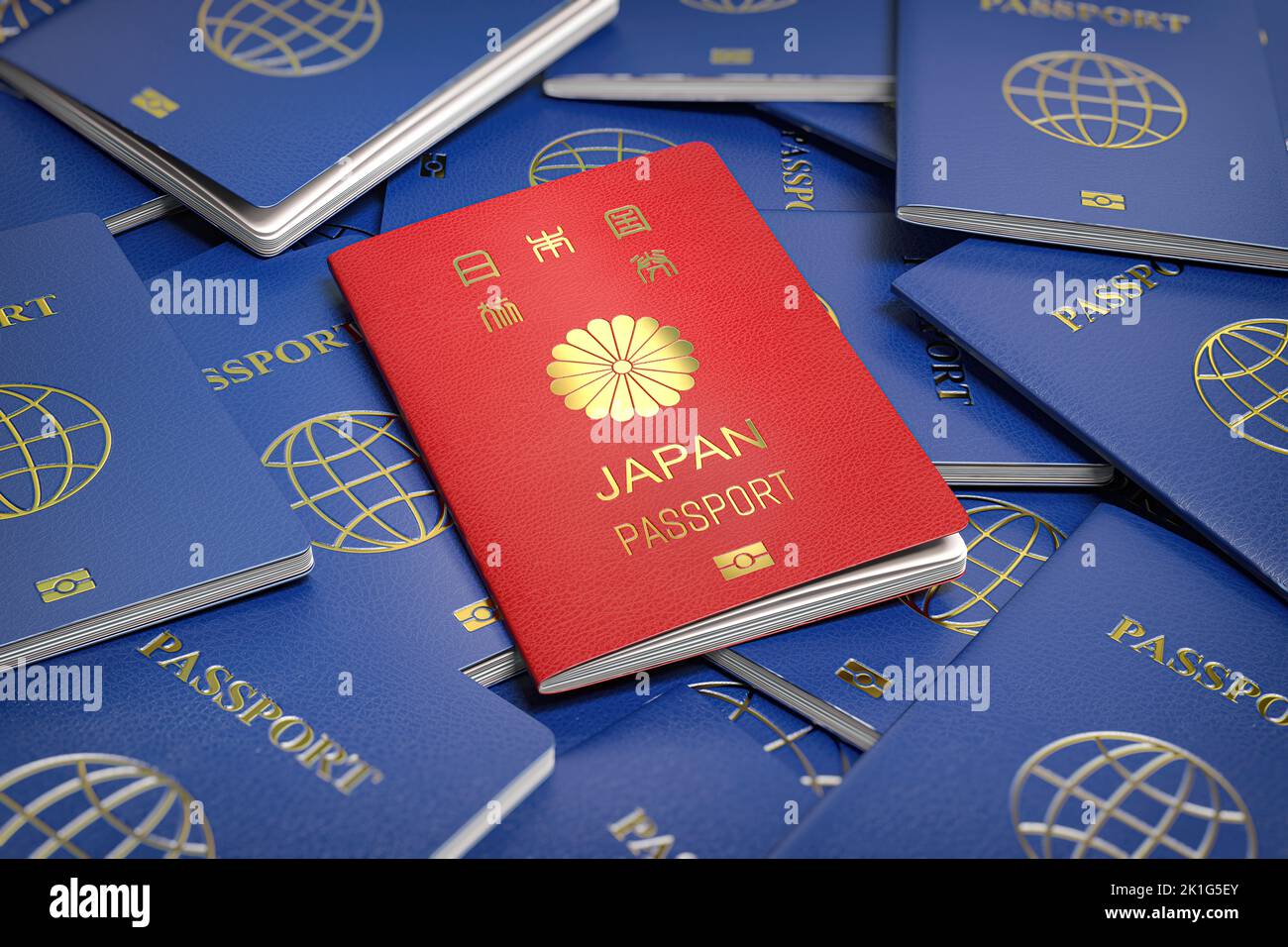 Passaporto del Giappone sul mucchio di passaporti di altri paesi. Concetto di immigrazione, cittadinanza, viaggi e turismo. illustrazione 3d Foto Stock