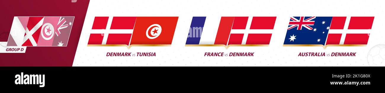 Danimarca partite della squadra di calcio nel gruppo D del torneo internazionale di calcio 2022. Set di icone Sport Vector. Illustrazione Vettoriale
