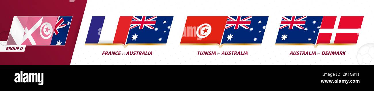 Partite della squadra di calcio australiana nel gruppo D del torneo internazionale di calcio 2022. Set di icone Sport Vector. Illustrazione Vettoriale