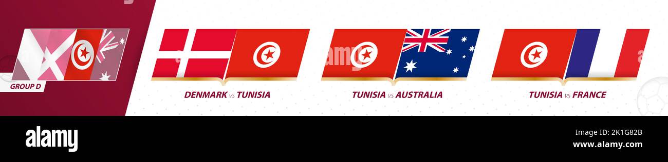 Tunisia partite della squadra di calcio nel gruppo D del torneo internazionale di calcio 2022. Set di icone Sport Vector. Illustrazione Vettoriale
