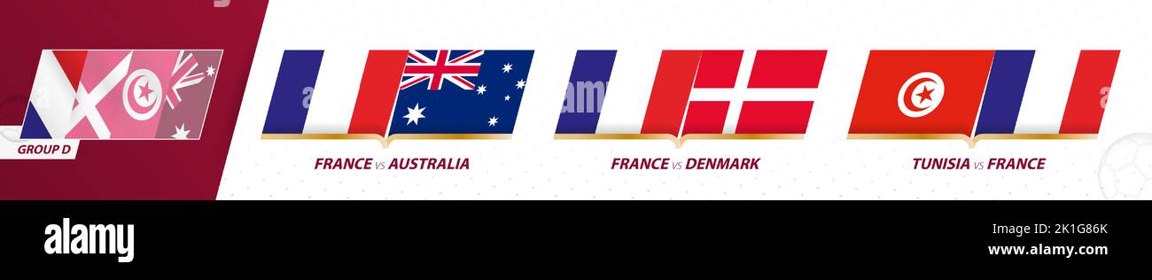 Partite della squadra di calcio francese nel gruppo D del torneo internazionale di calcio 2022. Set di icone Sport Vector. Illustrazione Vettoriale