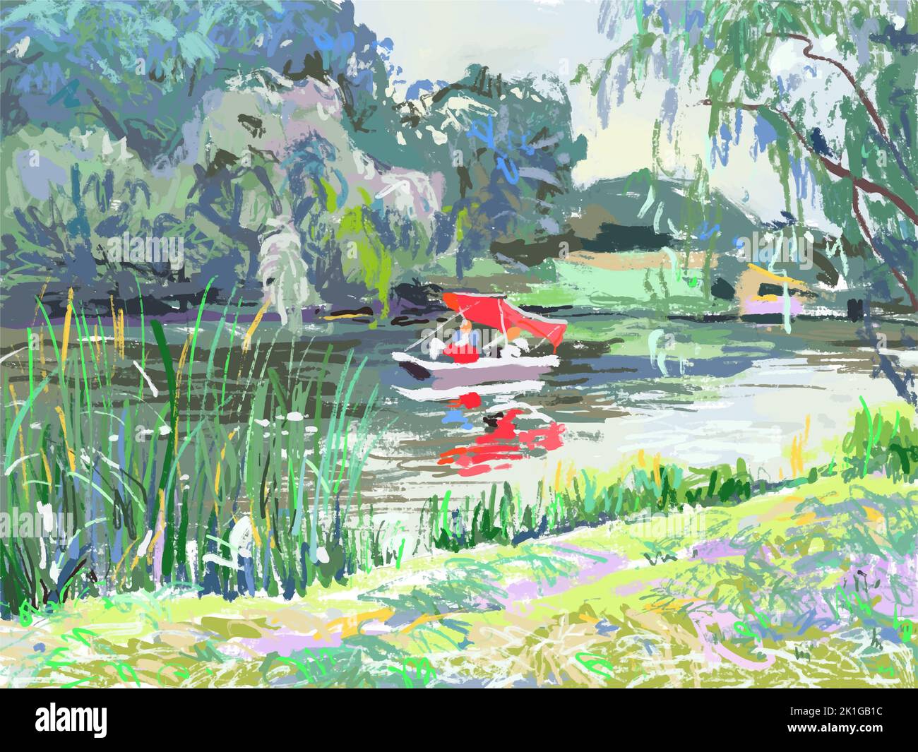 Pittura digitale del lago nel parco con una barca luminosa, illustrazione vettoriale Illustrazione Vettoriale