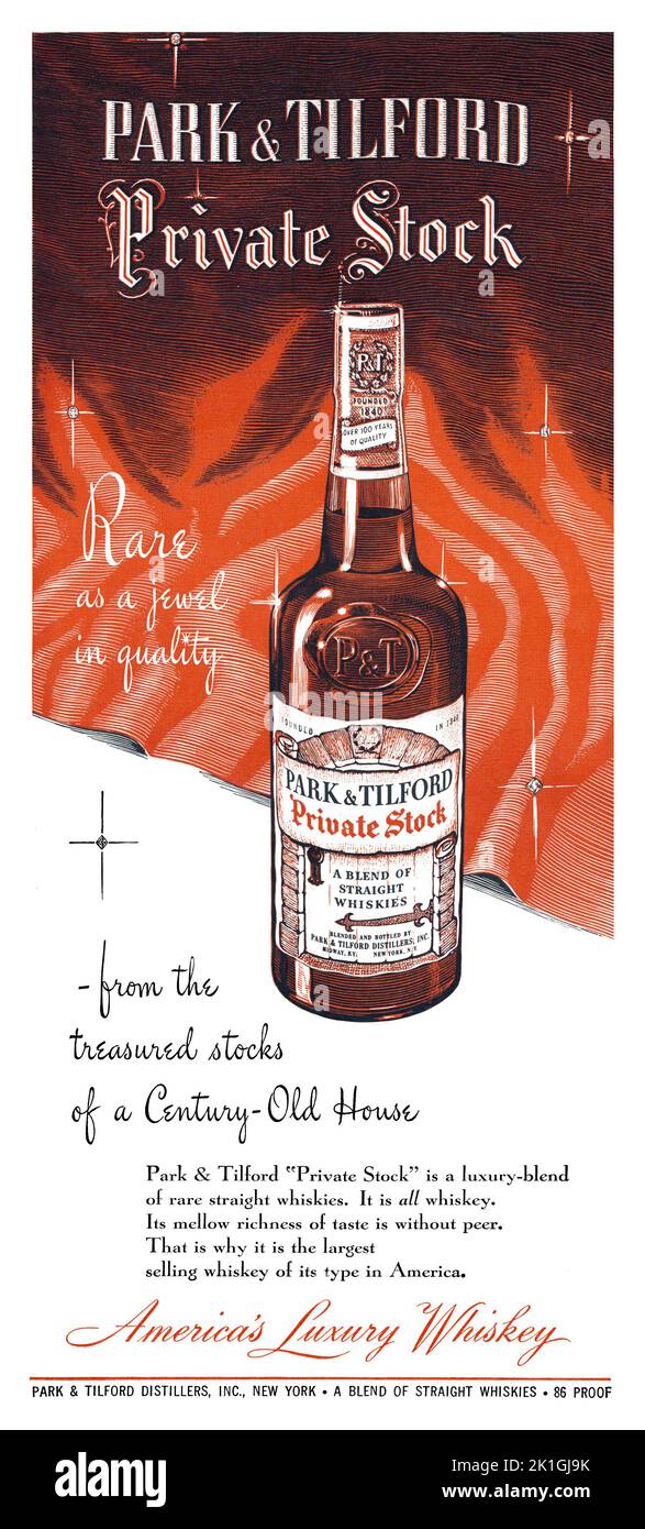 1949 pubblicità degli Stati Uniti per Park & Tilford Private Stock whiskey mescolato. Foto Stock