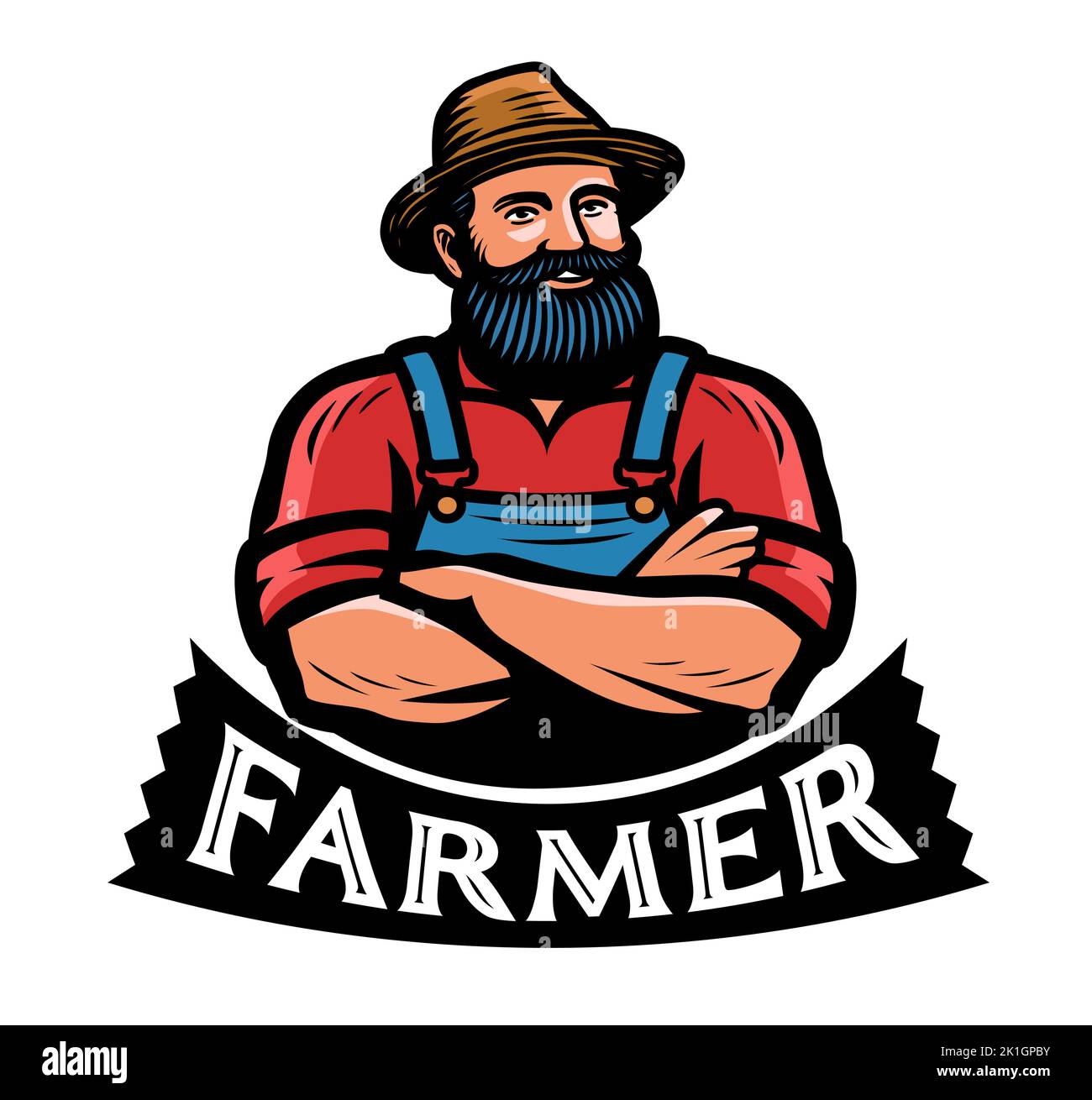 Carino contadino bearded in un emblema cappello o logo. Illustrazione del vettore dei caratteri cartoni animati. Agricoltura, badge azienda agricola biologica Illustrazione Vettoriale