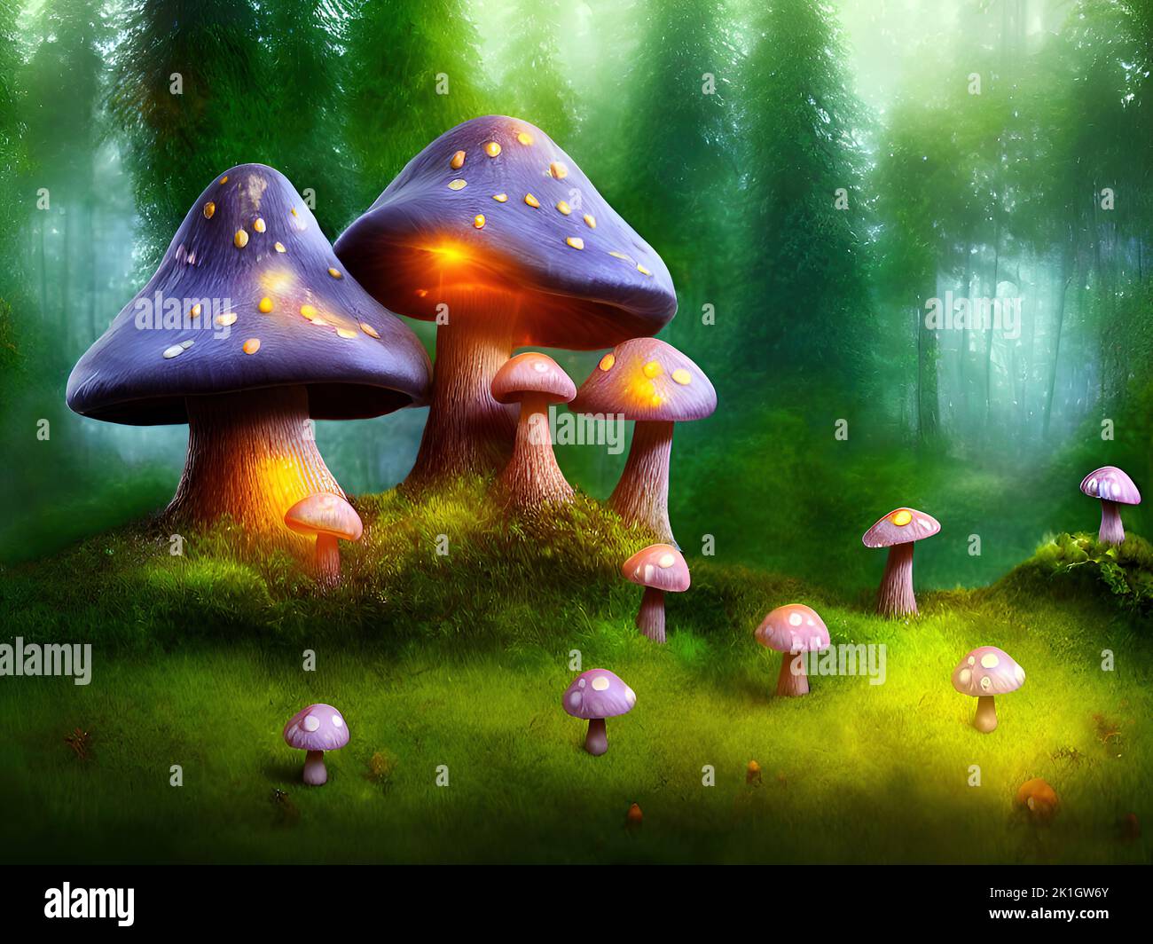 3d rendering di casette fantasy funghi in foresta magica Foto Stock