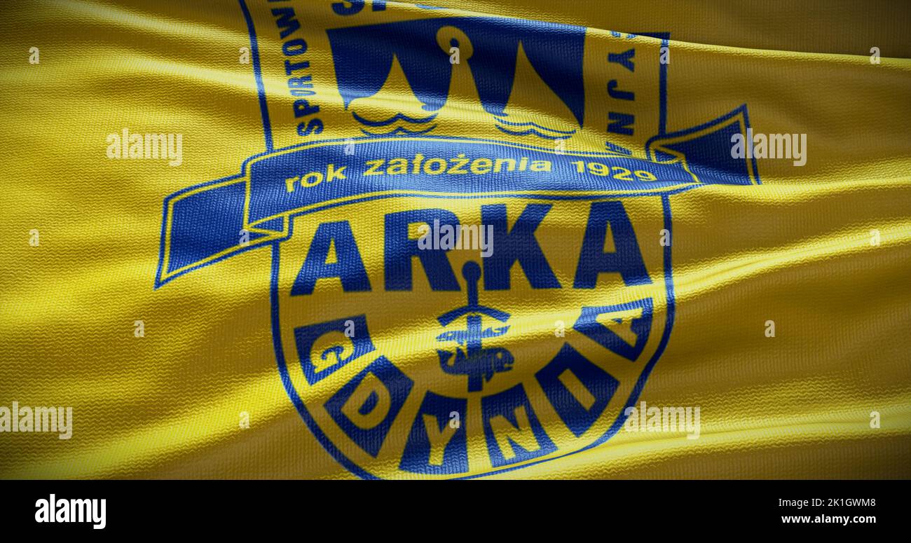 Barcellona, Spagna - 17 settembre 2022: Squadra di calcio Arka Gdynia FC, logo della squadra di calcio. 3D illustrazione, Editoriale illustrativo. Foto Stock