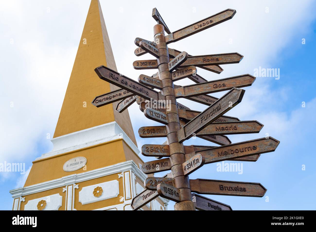 Frecce direzionali su un cartello che elenca le distanze dalle città del mondo sui terreni dell'Outeiro da memoria, in Angra do Heroismo, Isola di Terceira, Azzorre, Portogallo. Foto Stock